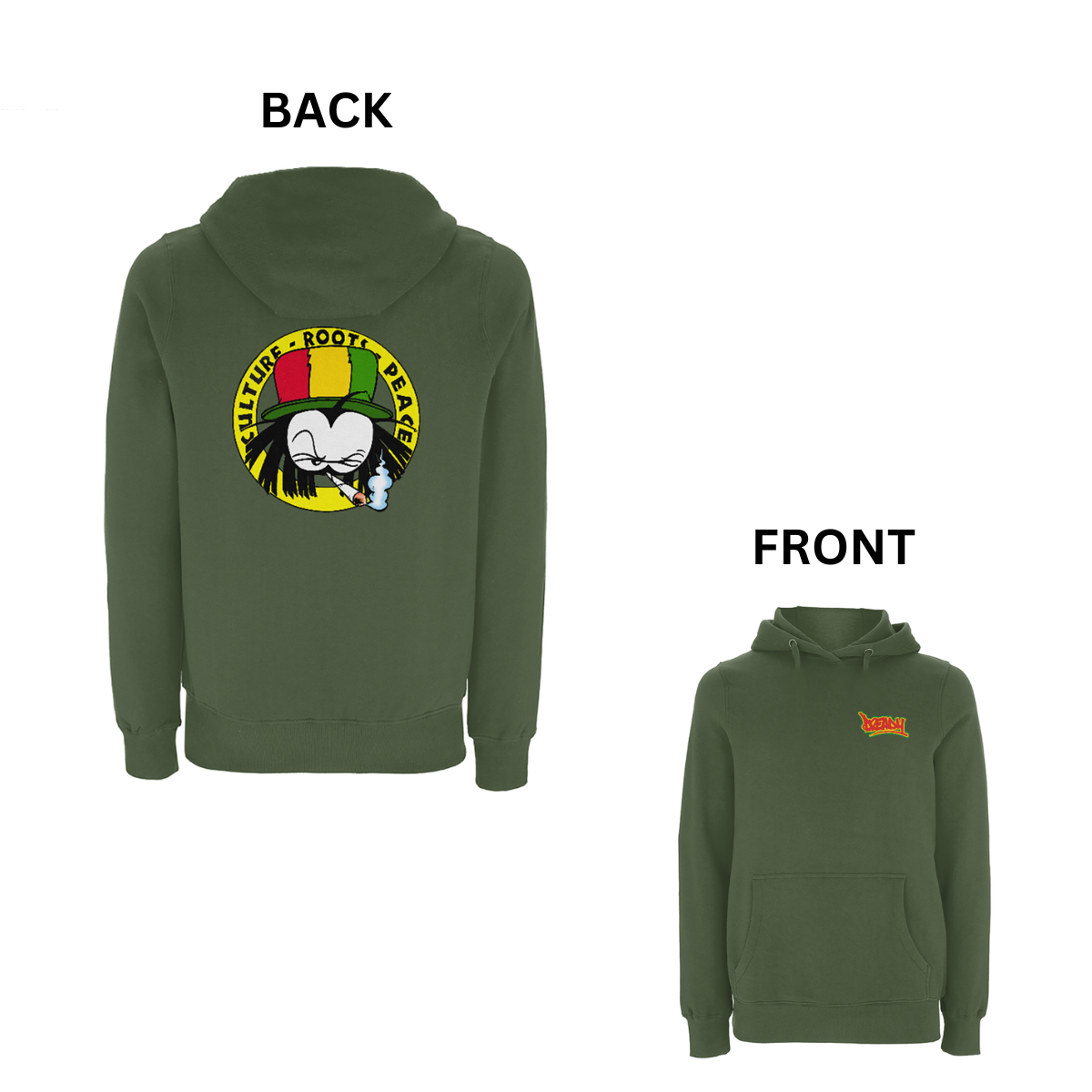 Dready Original : Dready 90s crest Front and Back Print Zip Hood - Military Green