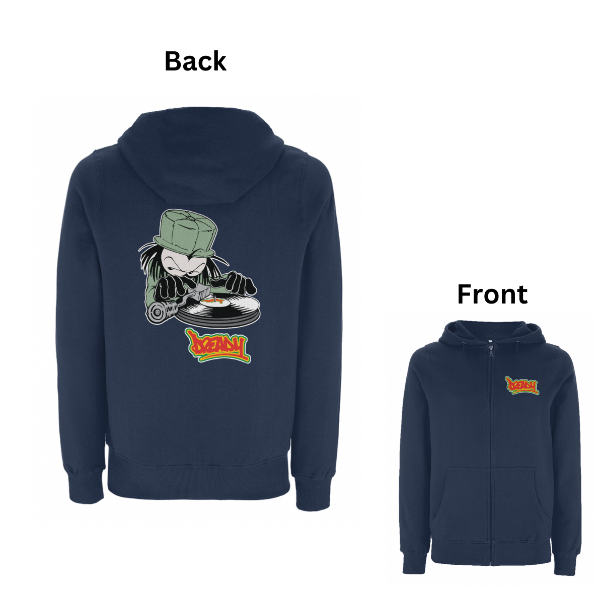 Dready Original : DJ DREADY Front and Back Print Zip Hoody - Navy