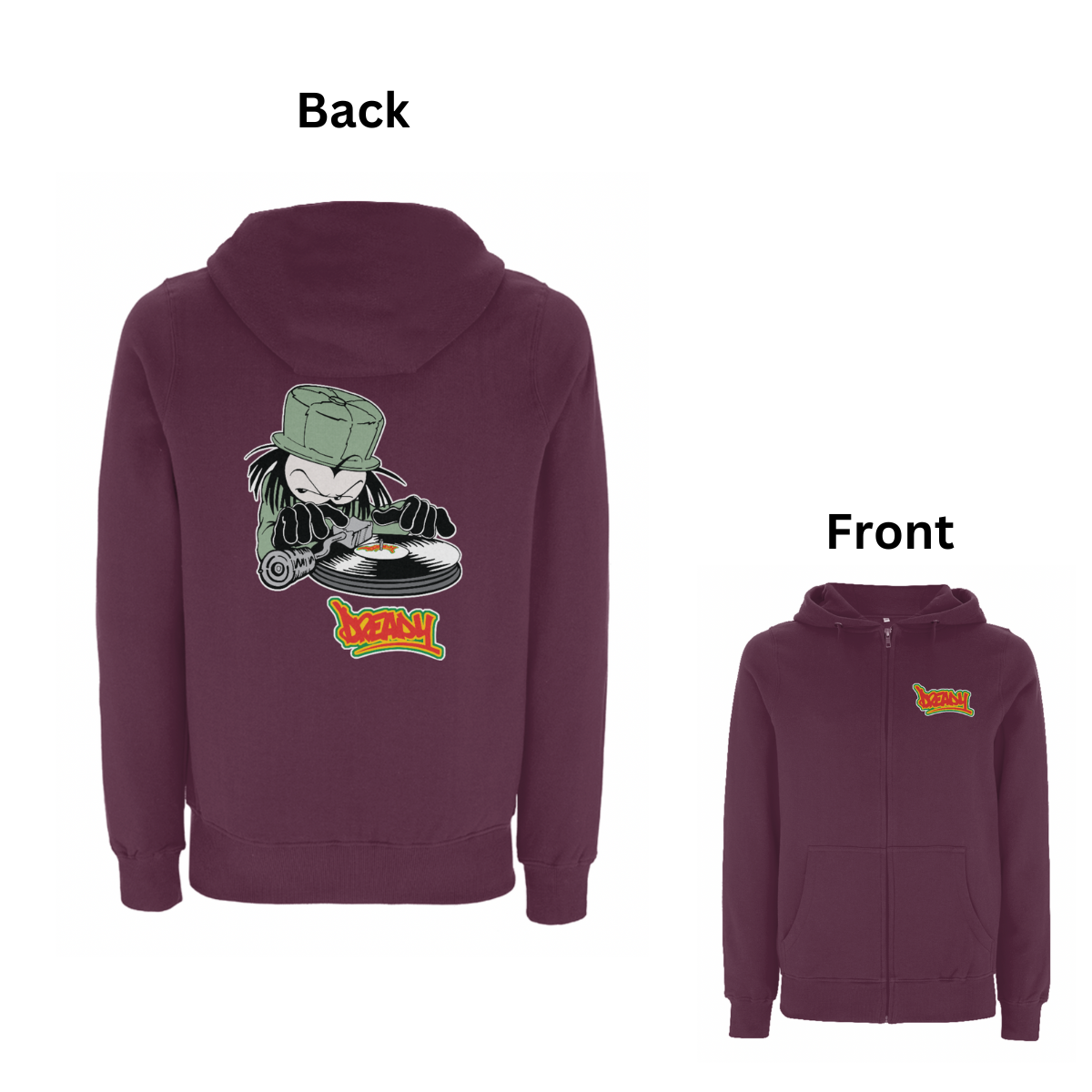 Dready Original : DJ DREADY Front and Back Print Zip Hoody - Maroon