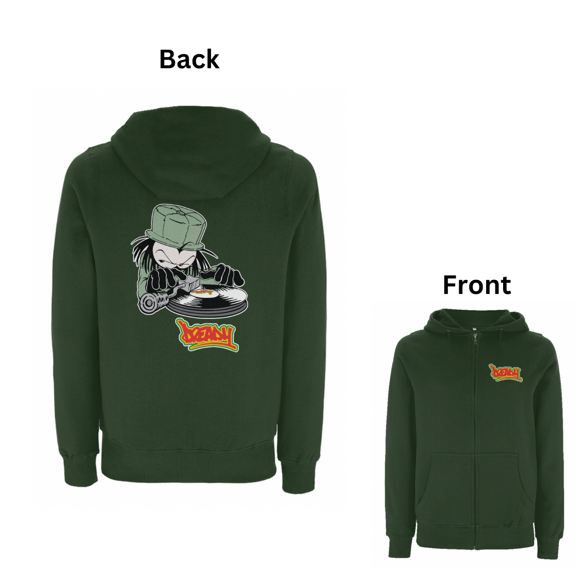 Dready Original : DJ DREADY Front and Back Print Zip Hoody - Military green