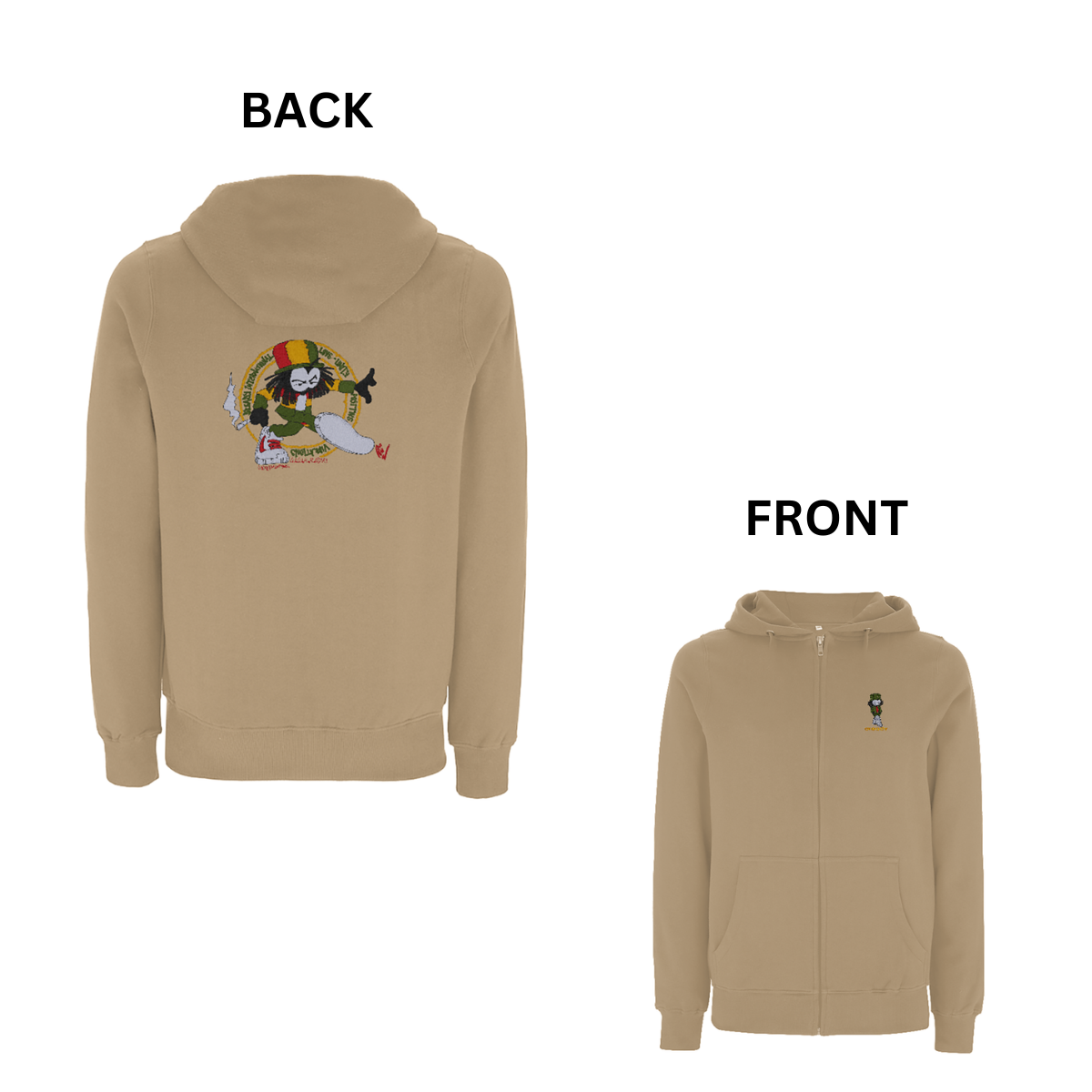 Dready Original : Dready Positive Vibrations Front and Back Embroidered Zip Hood - Sand