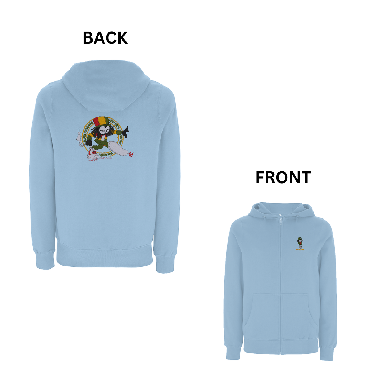 Dready Original : Dready Positive Vibrations Front and Back Embroidered Zip Hood - Light Blue