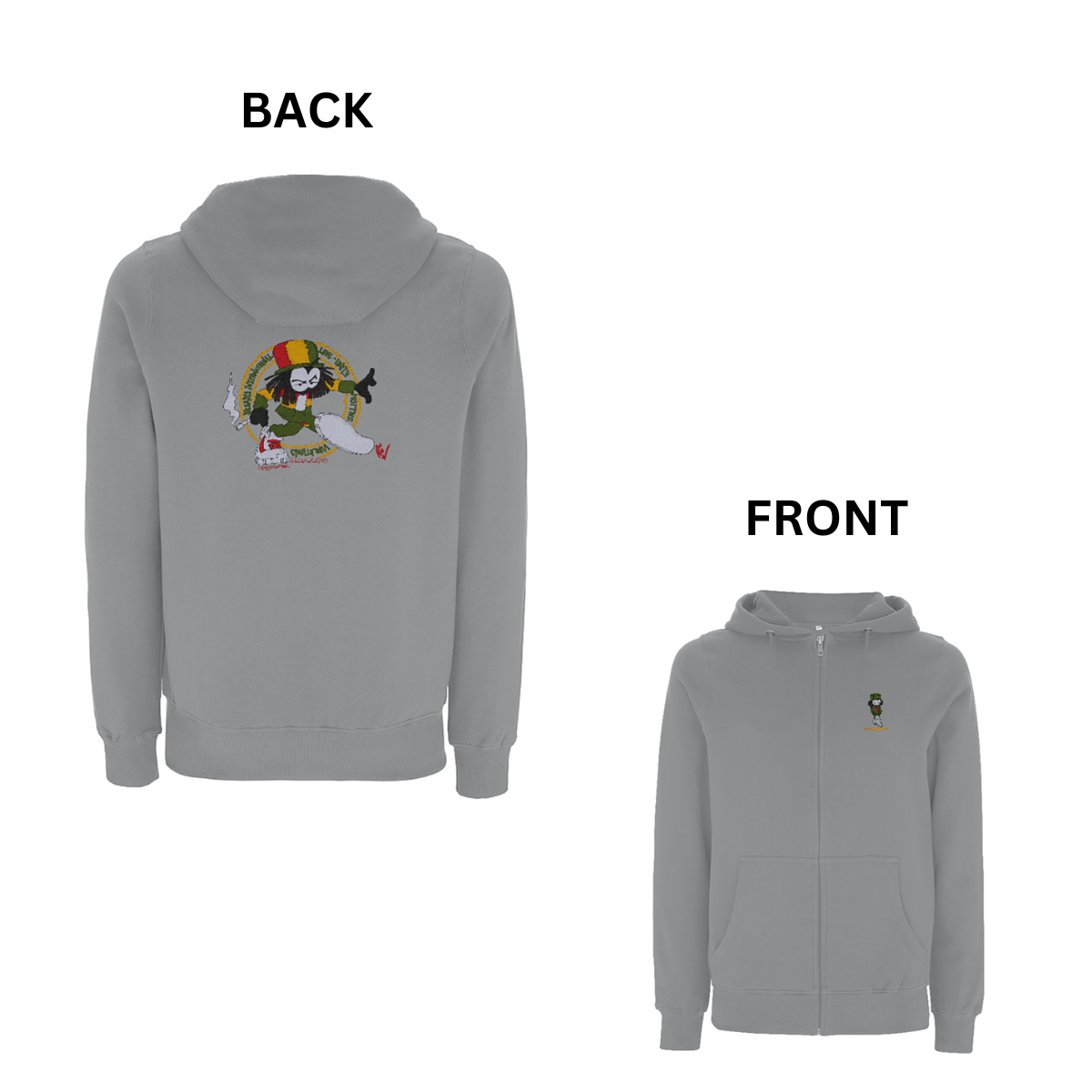 Dready Original : Dready Positive Vibrations Front and Back Embroidered Zip Hood - Grey