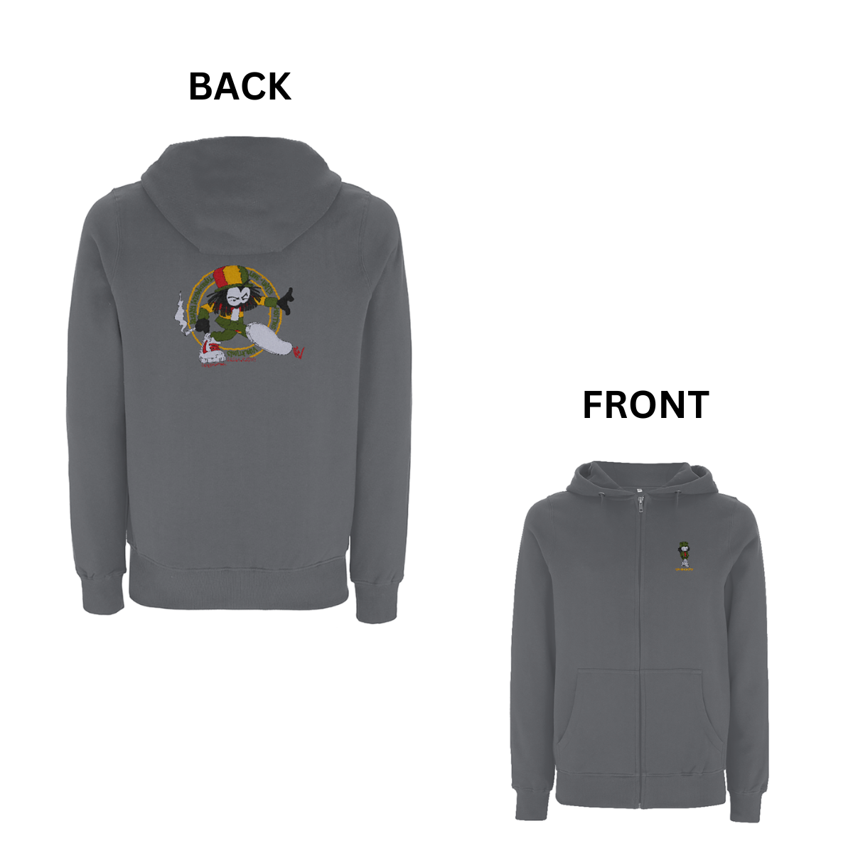 Dready Original : Dready Positive Vibrations Front and Back Embroidered Zip Hood - Charcoal