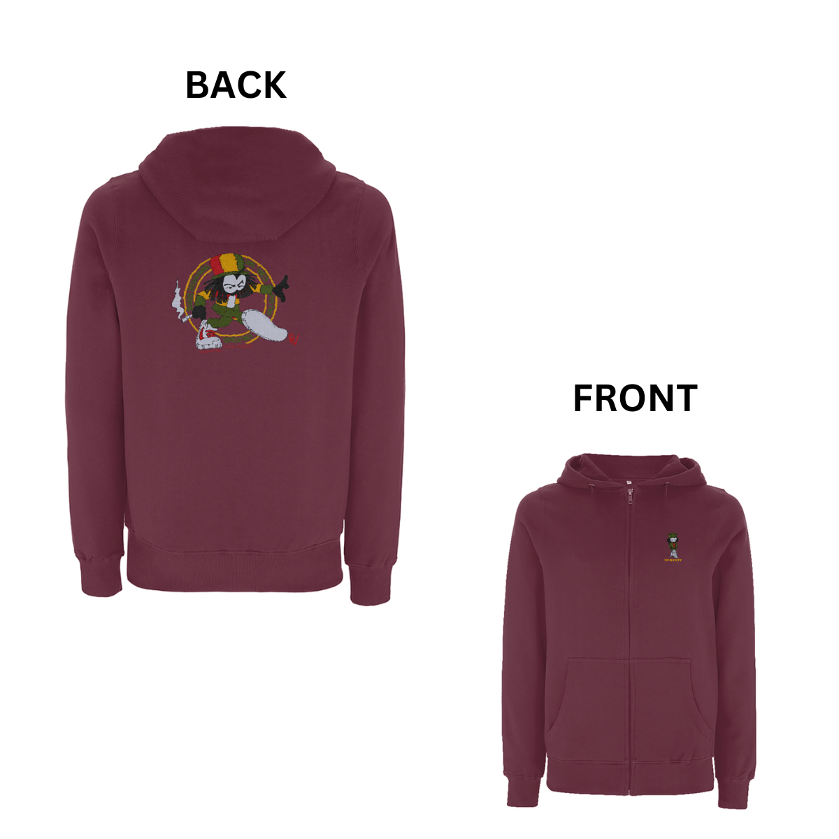 Dready Original : Dready Positive Vibrations Front and Back Embroidered Zip Hood - Burgundy