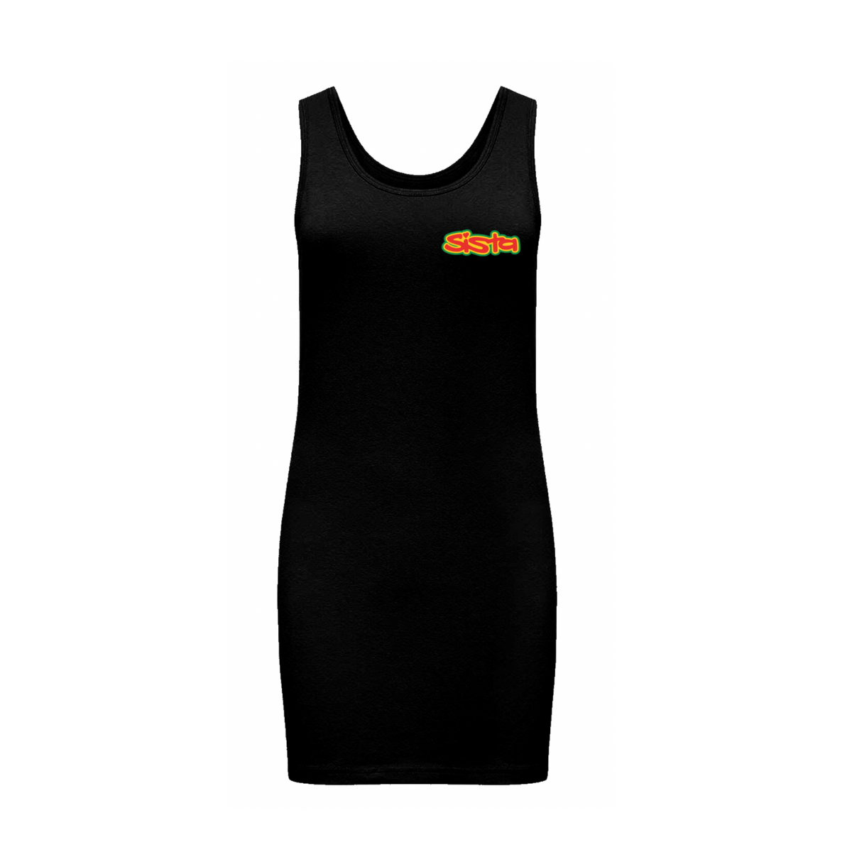 Dready Original : Sista Wear it your Way- Front logo - Extra Long stretch tank top dress - Black - Red gold & green logo