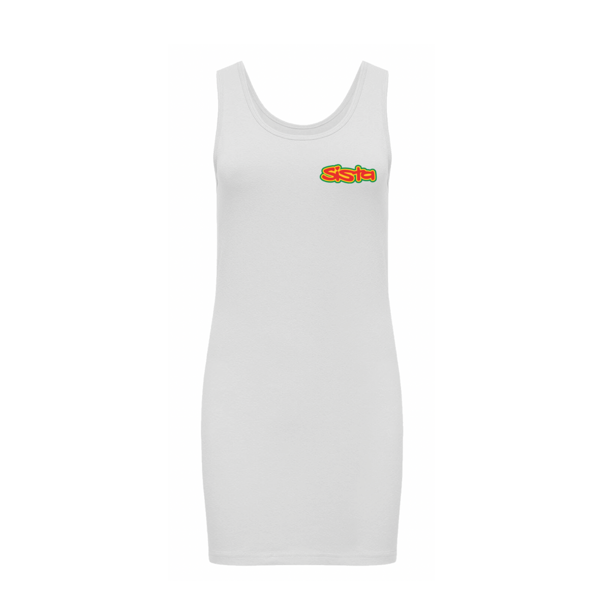 Dready Original : Sista Wear it your Way- Front logo - Extra Long stretch tank top dress - White - Red gold & green logo